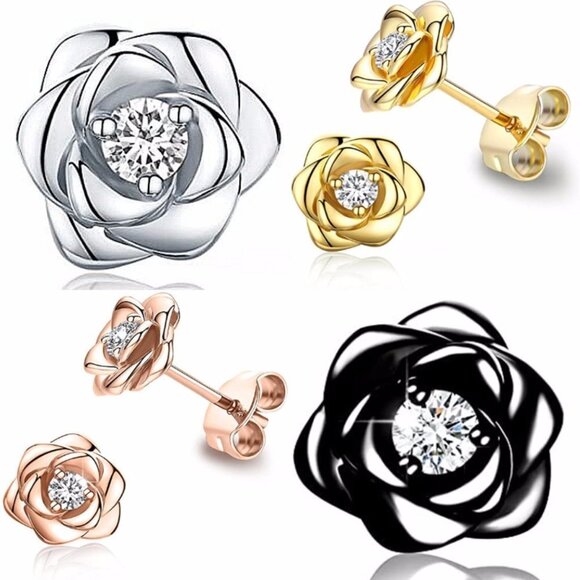🎀 Trendy Design Rose Flower Stud CZ Earrings For Women, HA4492 - Picture 3 of 3
